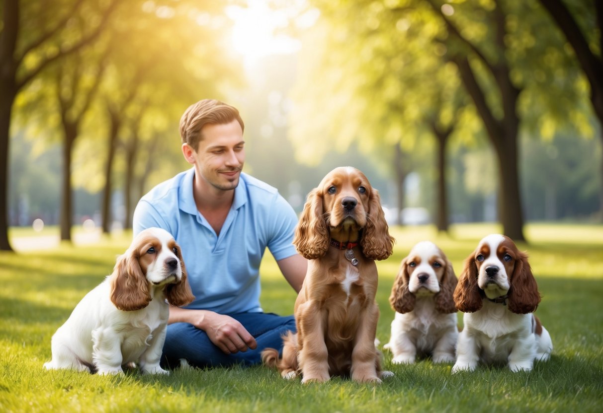 A serene, sunlit park with a young cocker spaniel puppy sitting obediently next to its owner, surrounded by other calm and well-behaved dogs