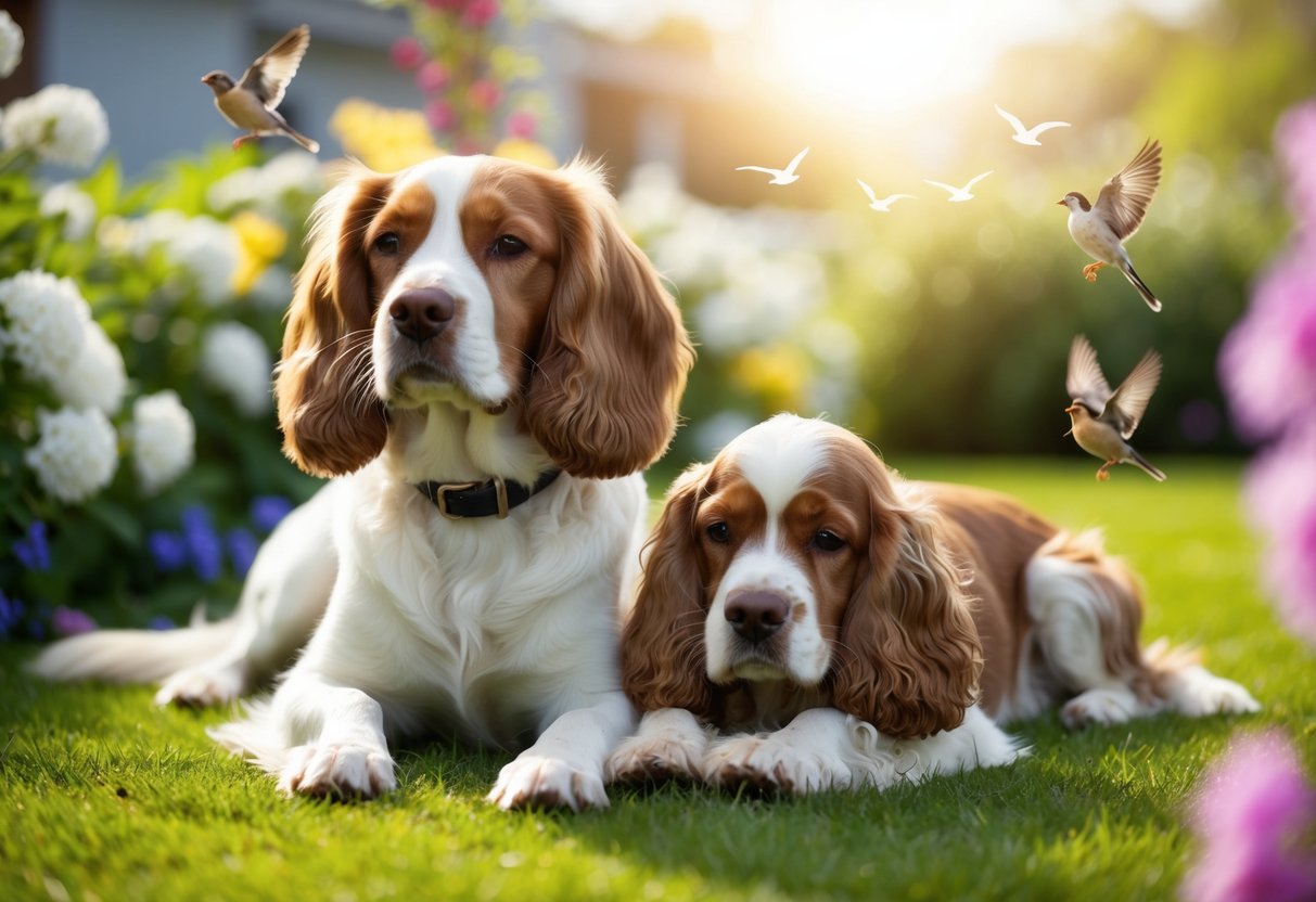 A calm springer spaniel and cocker spaniel peacefully resting in a sunlit garden, surrounded by blooming flowers and chirping birds