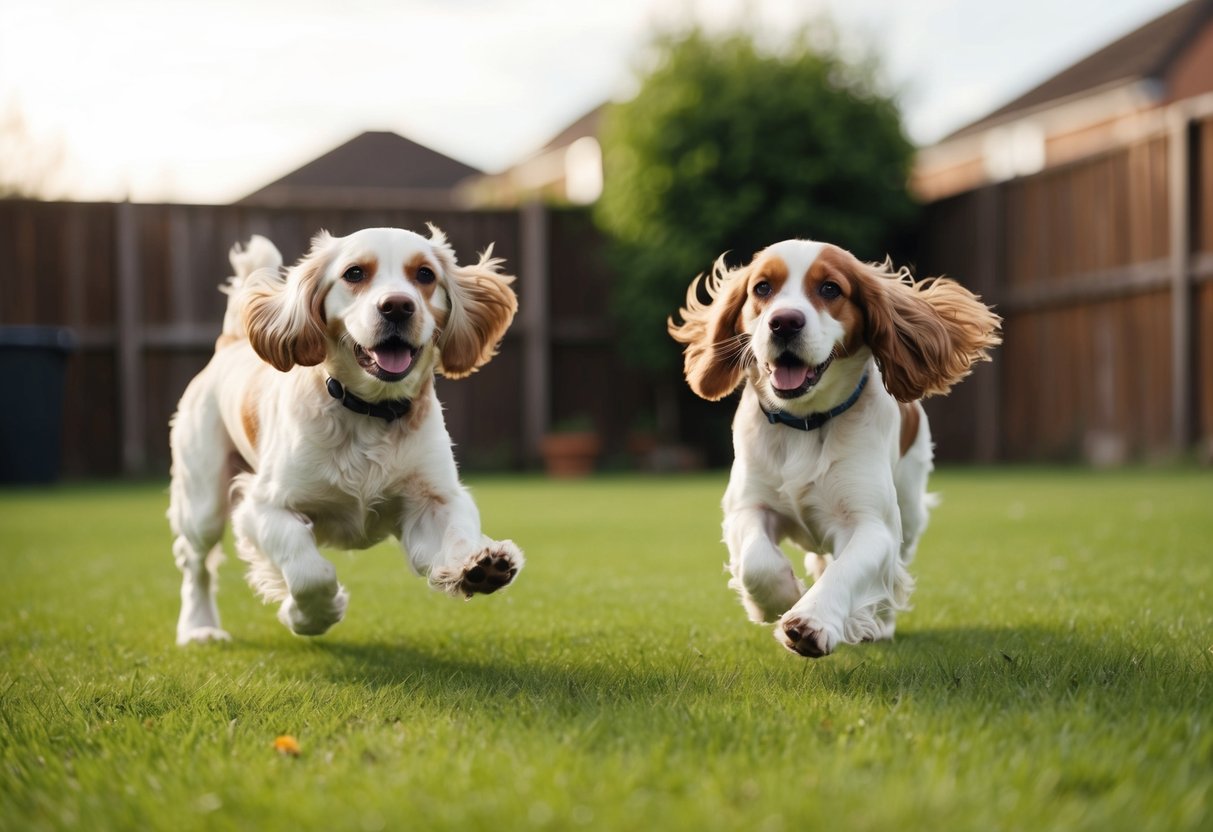 A happy Cocker Spaniel playing with a new furry friend in a spacious backyard, both dogs chasing each other and wagging their tails
