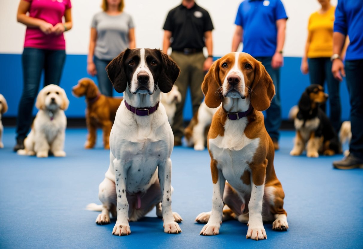 Two dogs, one Springer and one Cocker, sitting calmly in a training class surrounded by other dogs and their owners