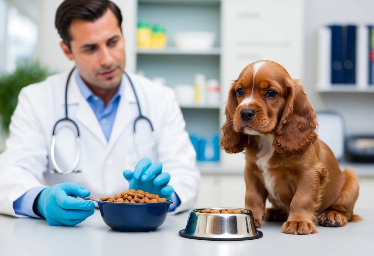 A young cocker spaniel puppy sits calmly beside a bowl of food, with a veterinarian in the background discussing healthcare and nutritional considerations
