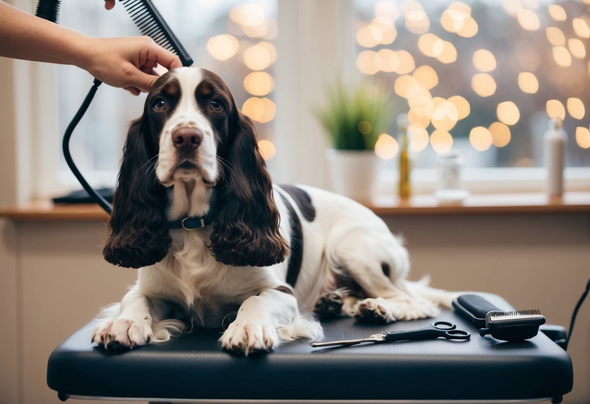A calm springer spaniel sits patiently while being groomed, surrounded by grooming tools and a peaceful atmosphere
