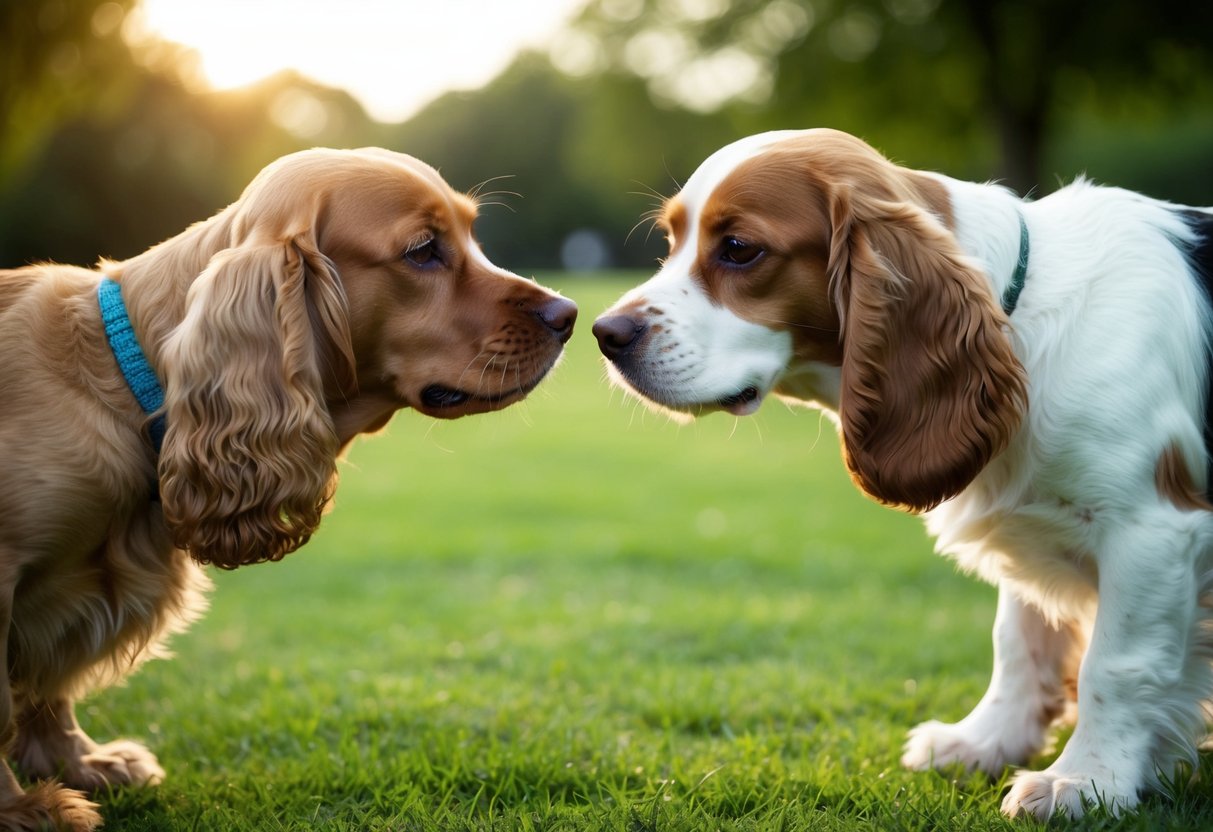 Two cocker spaniels meeting a new dog in a park, sniffing each other's noses with curiosity