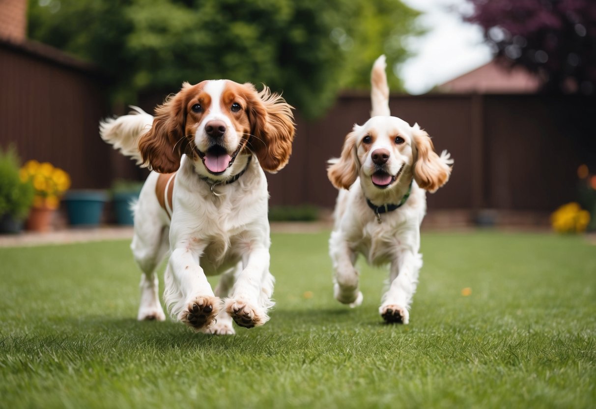 A happy cocker spaniel playing with a friendly second dog in a spacious backyard