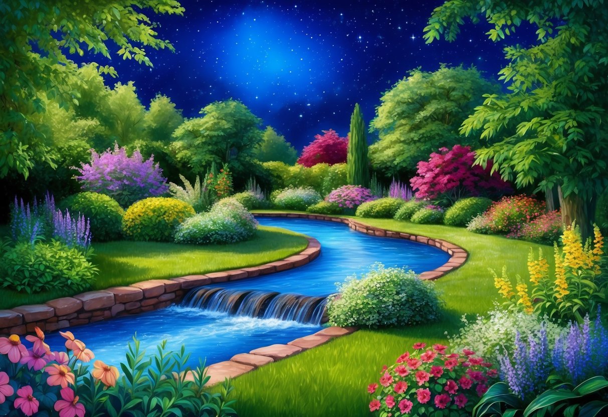 A serene garden with a flowing stream, surrounded by lush greenery and colorful flowers, under a starry night sky