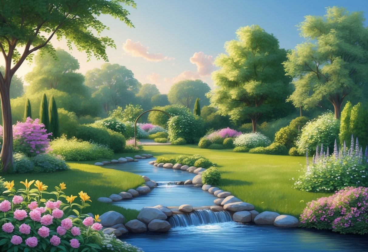 A serene garden with a flowing stream, surrounded by lush greenery and blooming flowers, under a clear sky with gentle sunlight