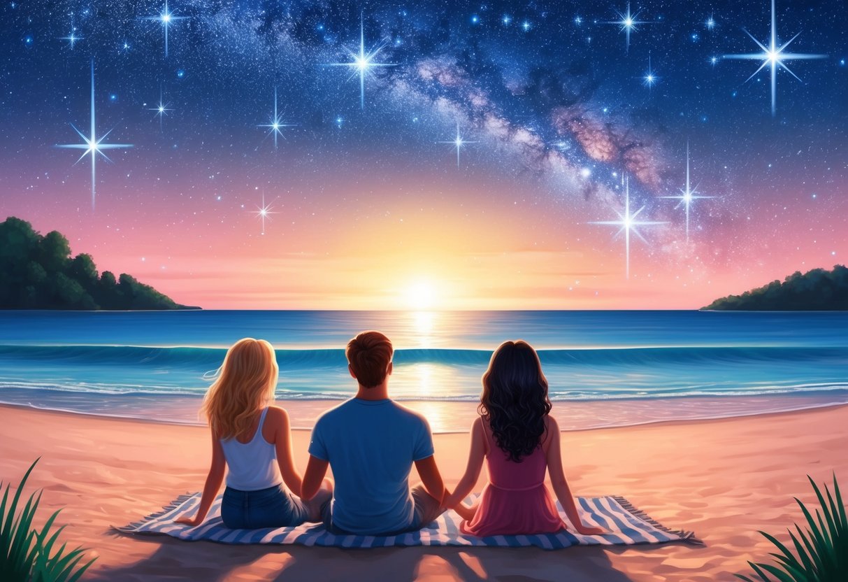 A serene beach at sunset, with a Virgo and Pisces stargazing together under a sky filled with twinkling stars