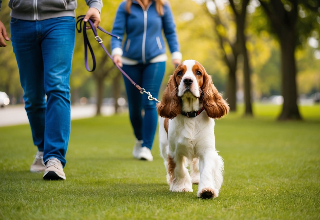 A cocker spaniel walking on a leash with its owner in a park