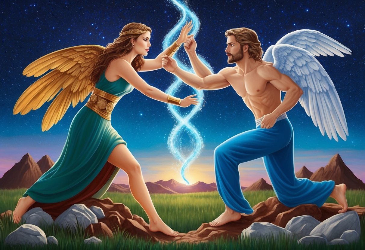 A virgo and pisces symbolically overcoming obstacles and evolving together