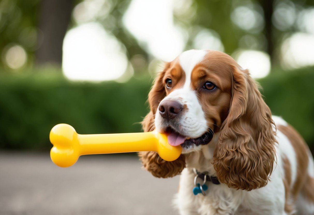 A cocker spaniel is gently redirected with a toy or chew bone