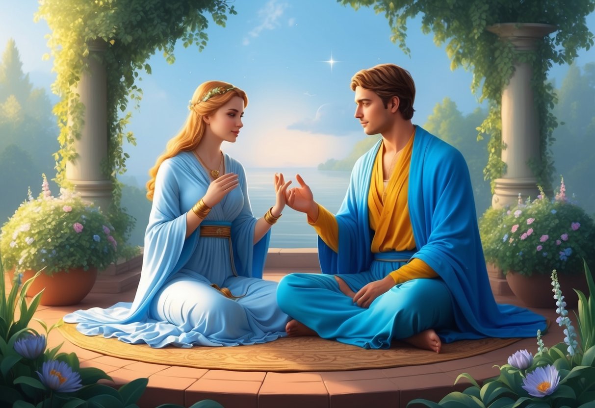 A Virgo and Pisces sitting together, engaged in deep conversation, surrounded by serene and harmonious surroundings