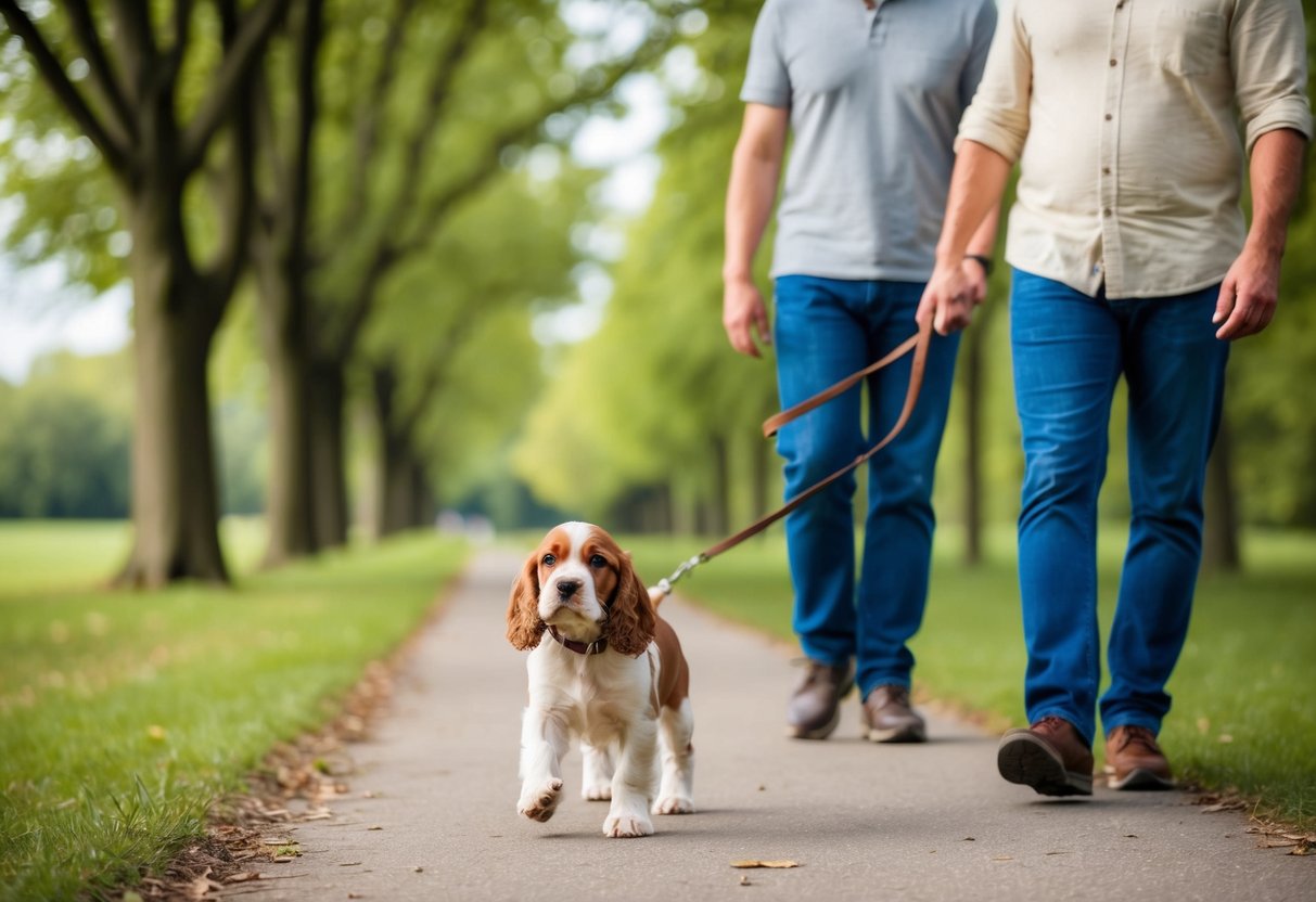 A Cocker Spaniel puppy on a leash, walking along a tree-lined path with a gentle, smiling owner beside them