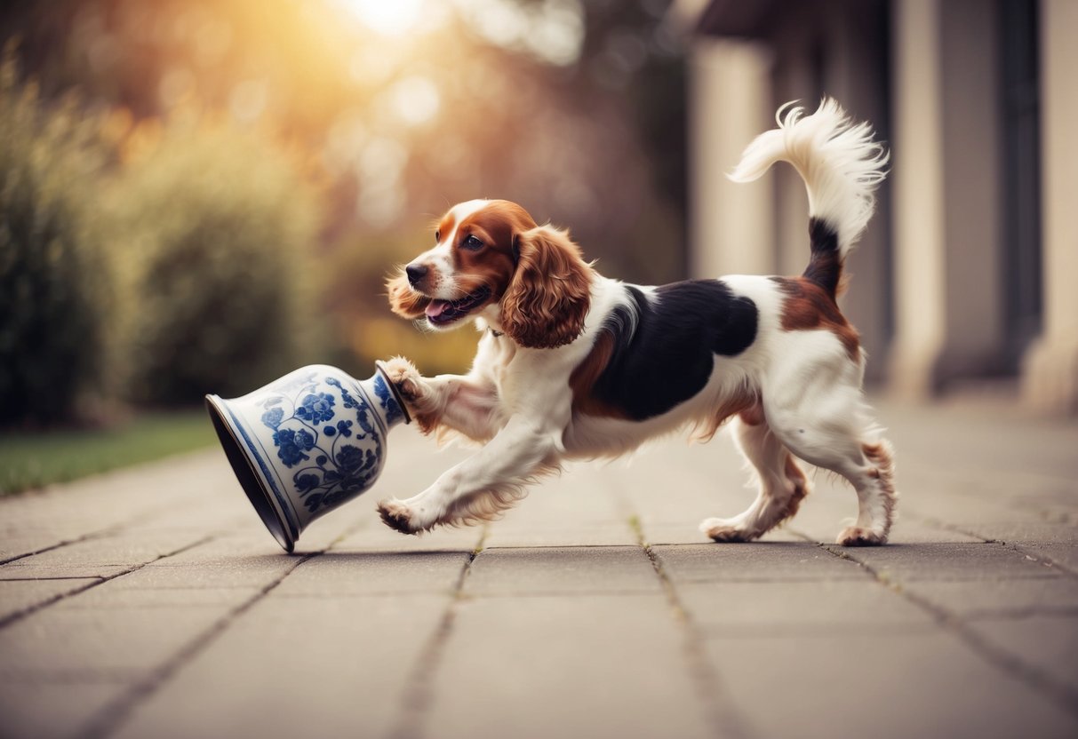 A cocker spaniel knocking over a vase while wagging its tail enthusiastically