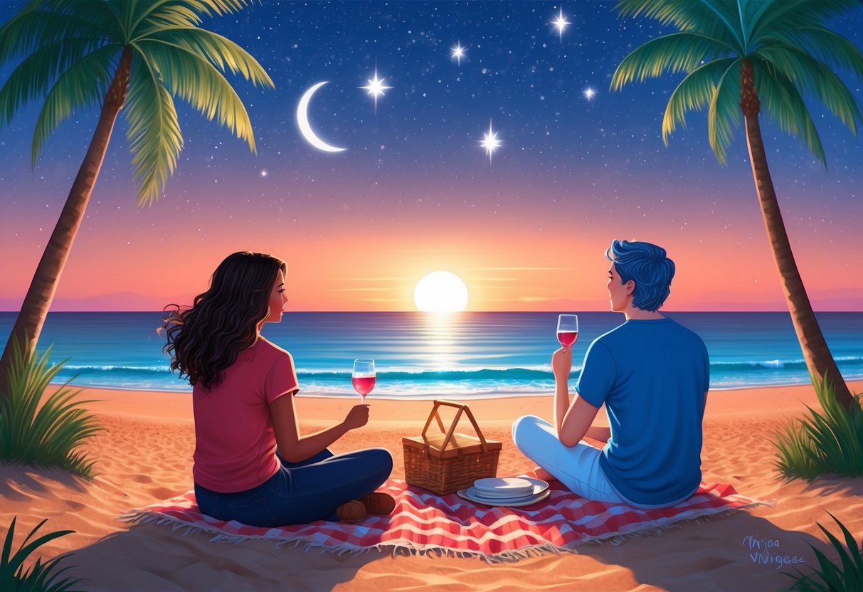 A serene beach at sunset, with a Virgo and Pisces sharing a picnic, gazing at the stars