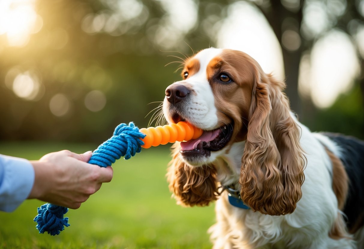 A cocker spaniel being gently redirected away from biting with a chew toy