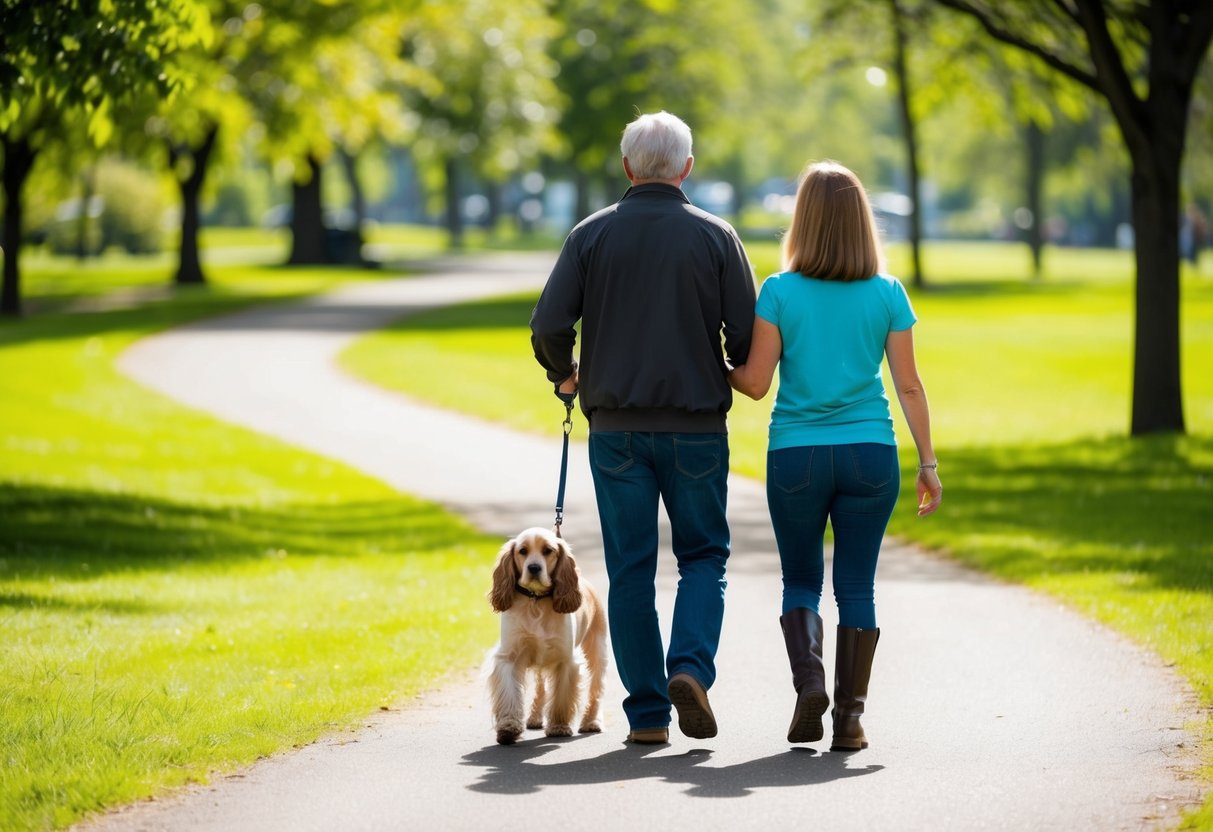 A sunny park with a winding path, a cocker spaniel walking alongside its owner. The dog is on a leash, and both are surrounded by trees and greenery