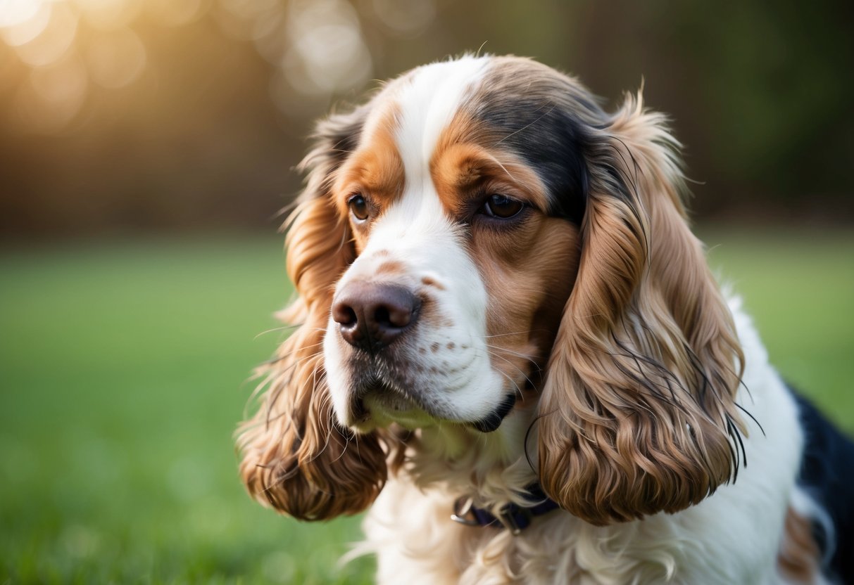 A cocker spaniel with matted fur and overgrown nails, looking uncomfortable and in need of grooming