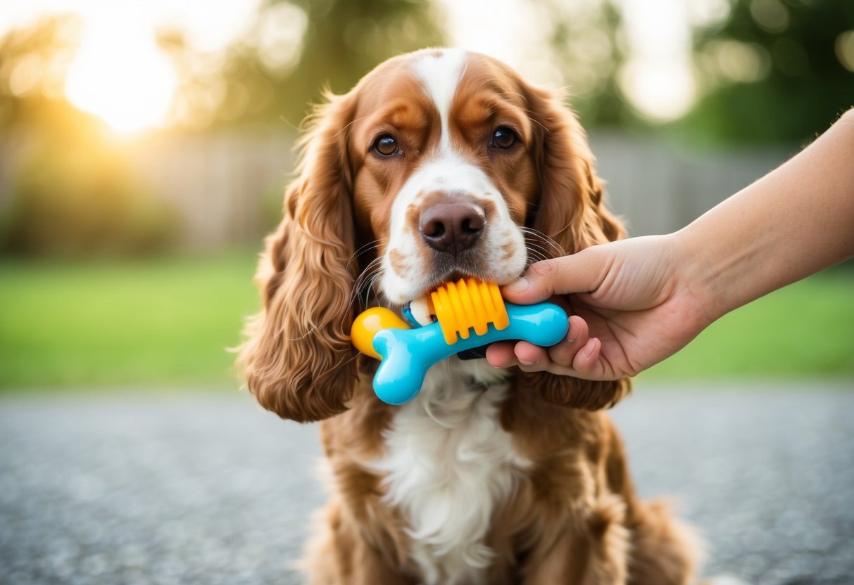 A cocker spaniel sits calmly as a hand gently redirects its attention to a chew toy, away from biting