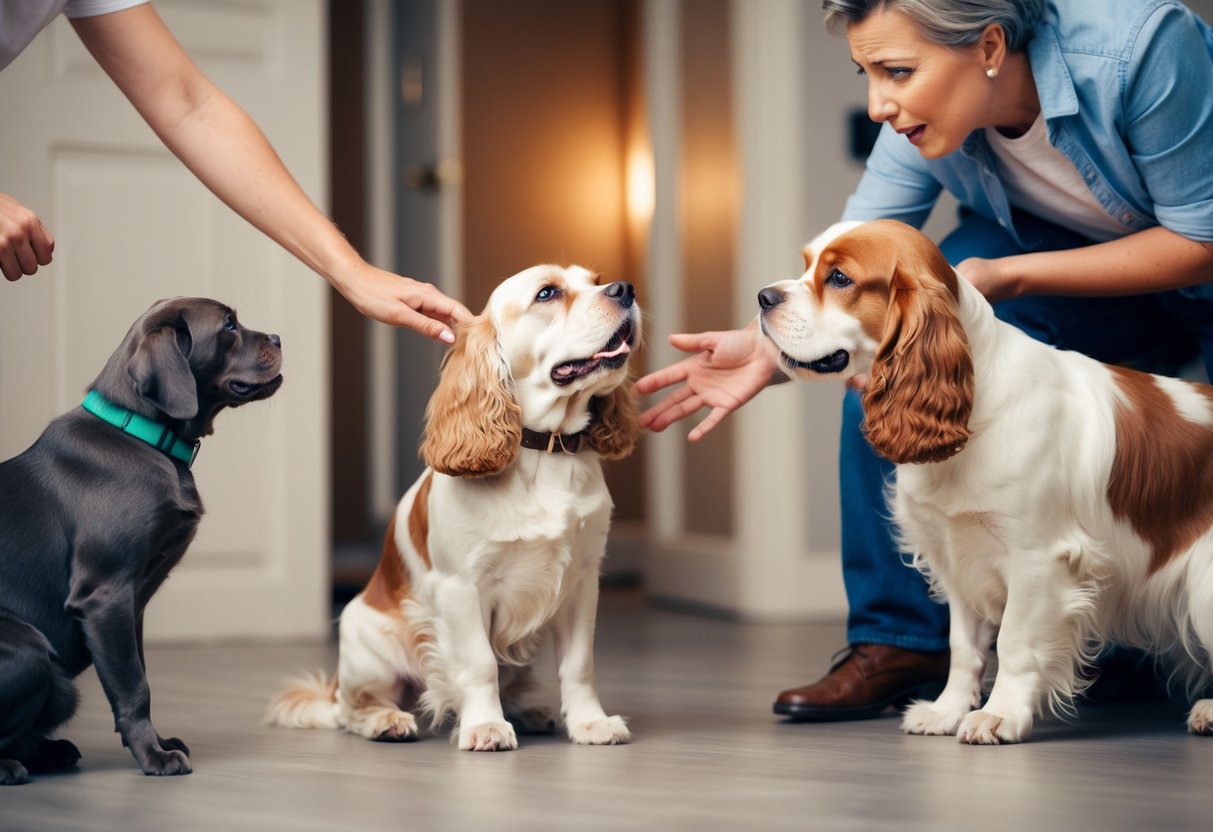 A cocker spaniel growls at a cat while a family member tries to separate them. Another dog looks on anxiously