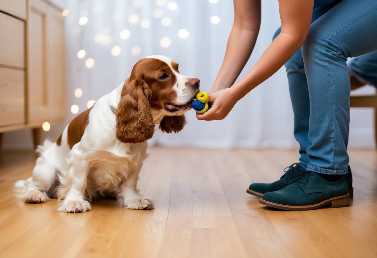 A cocker spaniel nipping at a person's ankle as the person tries to gently redirect the dog's attention towards a chew toy