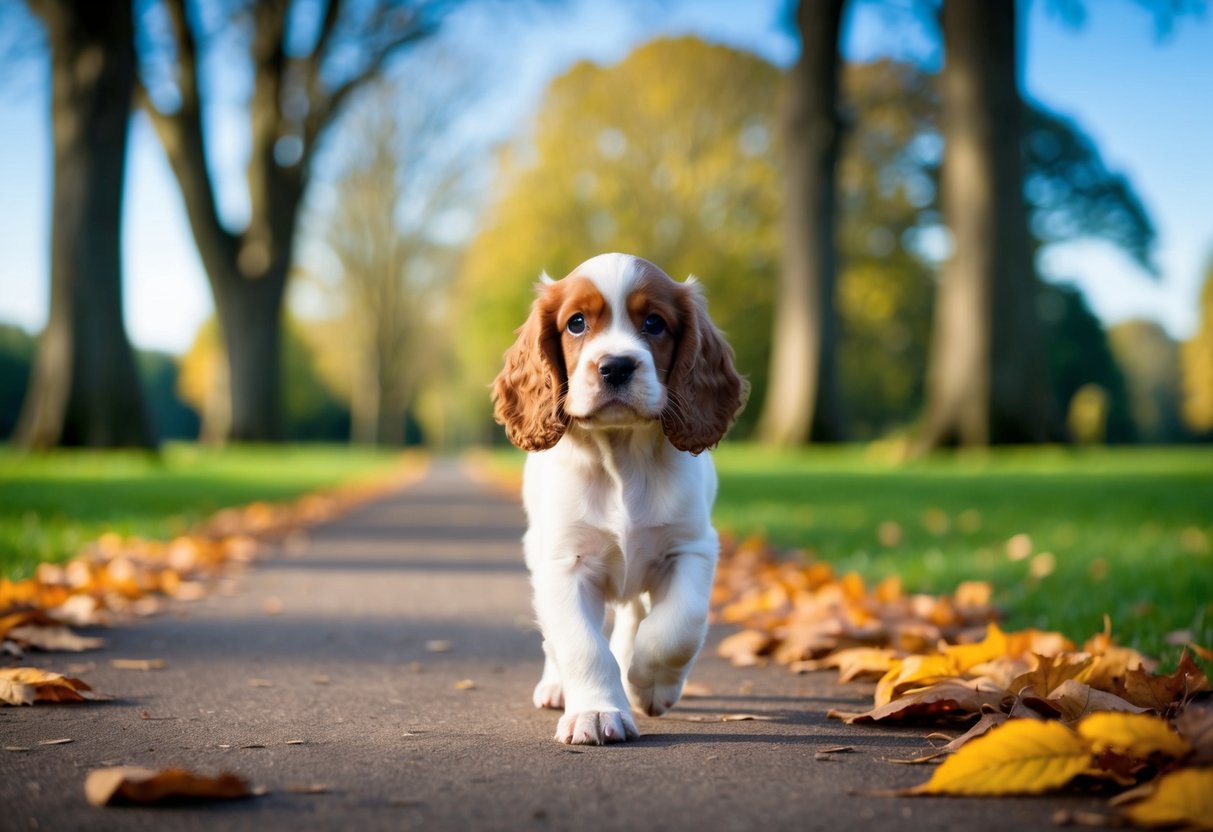 A cocker spaniel puppy walks on a leaf-covered path in a serene park setting, with tall trees and a clear blue sky in the background