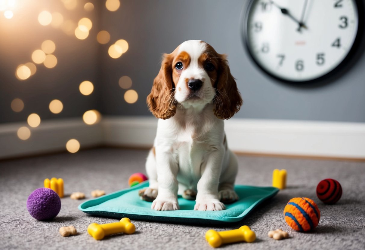 A cocker spaniel puppy sits on a potty training pad, surrounded by toys and treats. A clock on the wall shows the passage of time