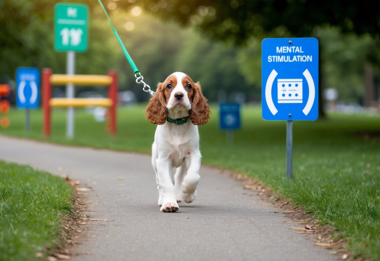 A cocker spaniel puppy walking on a leash through a park with various obstacles and signs for mental stimulation