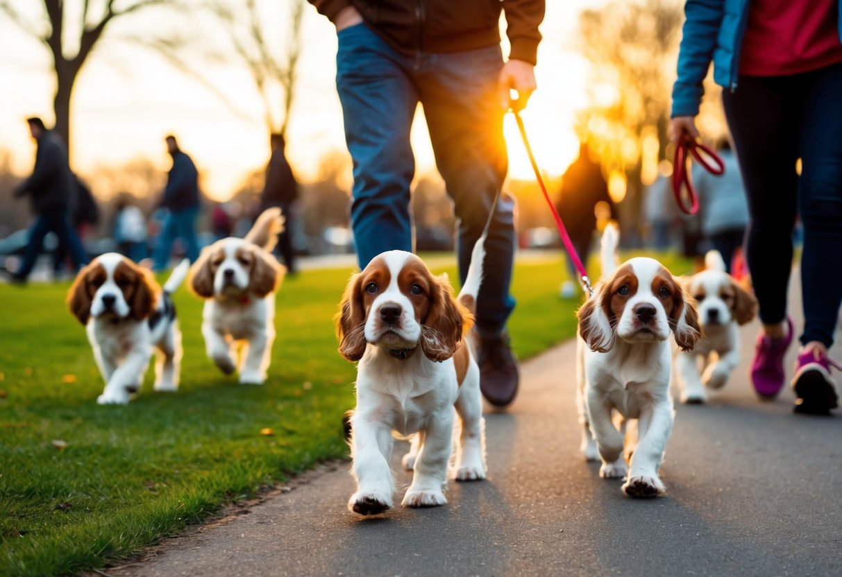 A cocker spaniel puppy walks alongside its owner in a park, surrounded by other dogs and people. The sun is setting, creating a warm and inviting atmosphere for socialization and exercise