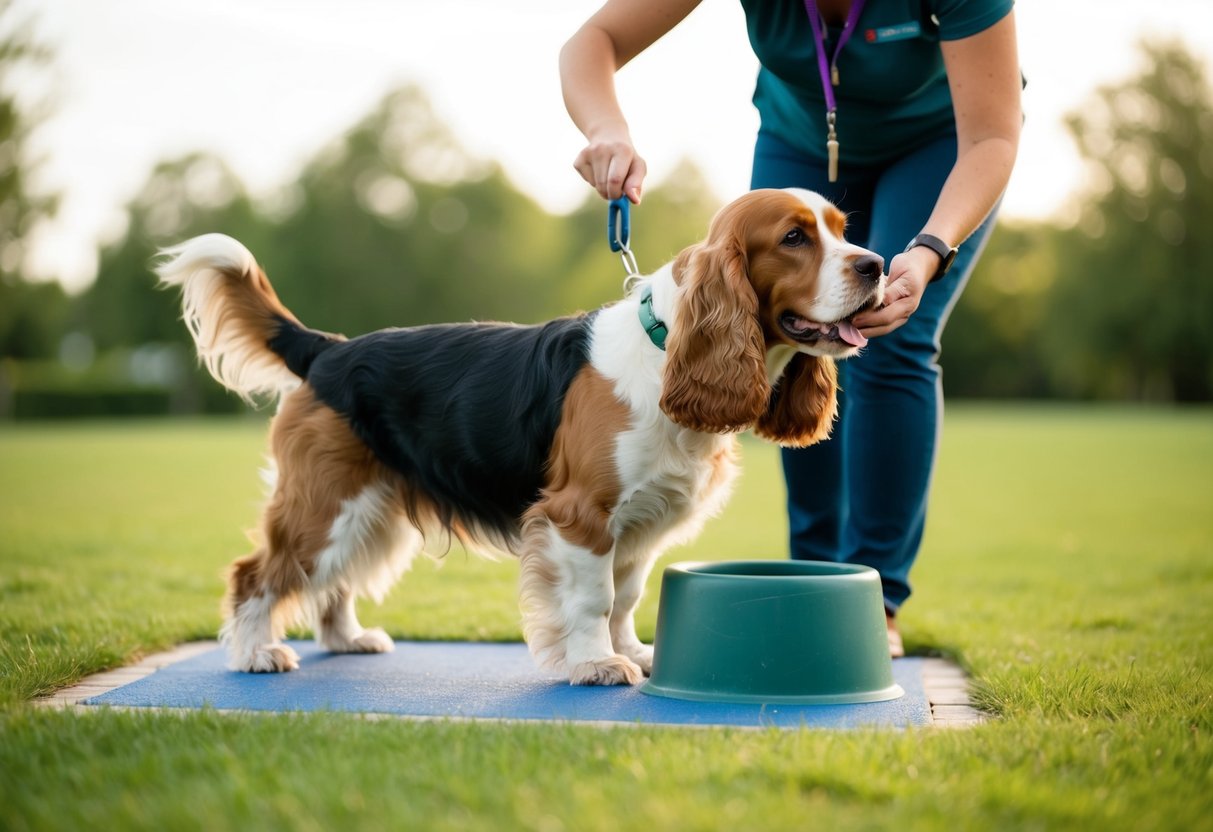 A cocker spaniel learning to use a designated toilet area, with a trainer guiding and rewarding the dog's successful attempts