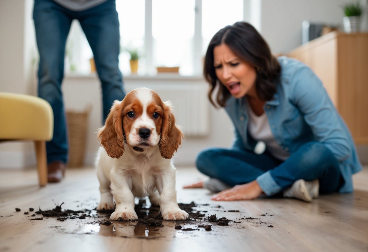 A cocker spaniel puppy struggles to understand toilet training, making a mess on the floor. The frustrated owner watches with patience and determination