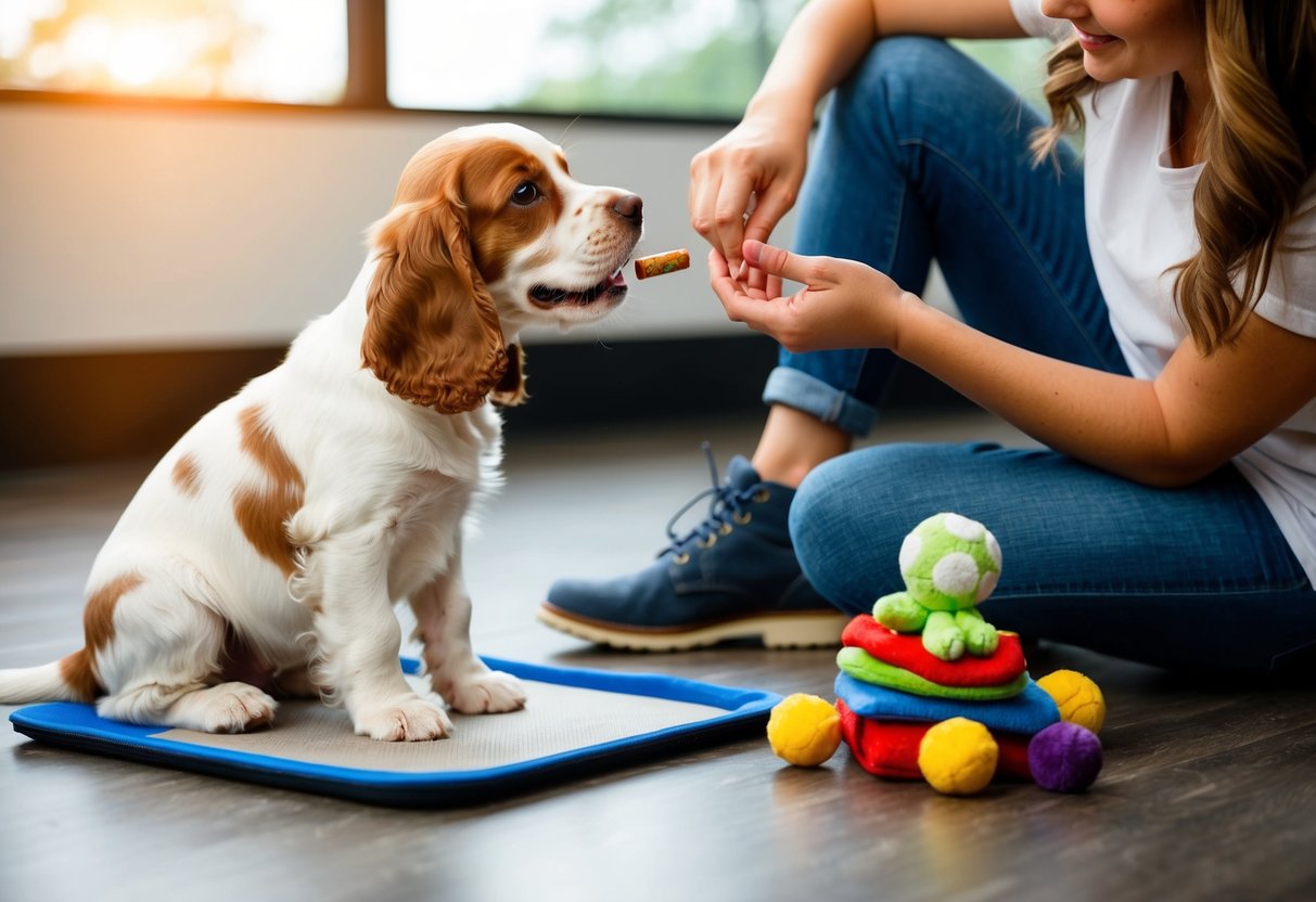 A cocker spaniel puppy with a wagging tail, sitting beside a training pad and a pile of toys, while a person gently guides it with a treat