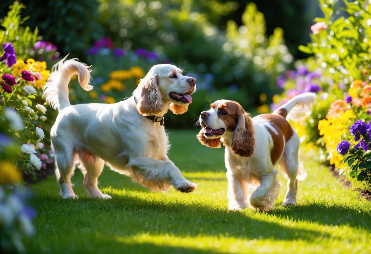 A male and female cocker spaniel playfully interact in a lush, sunlit garden setting, surrounded by colorful flowers and greenery