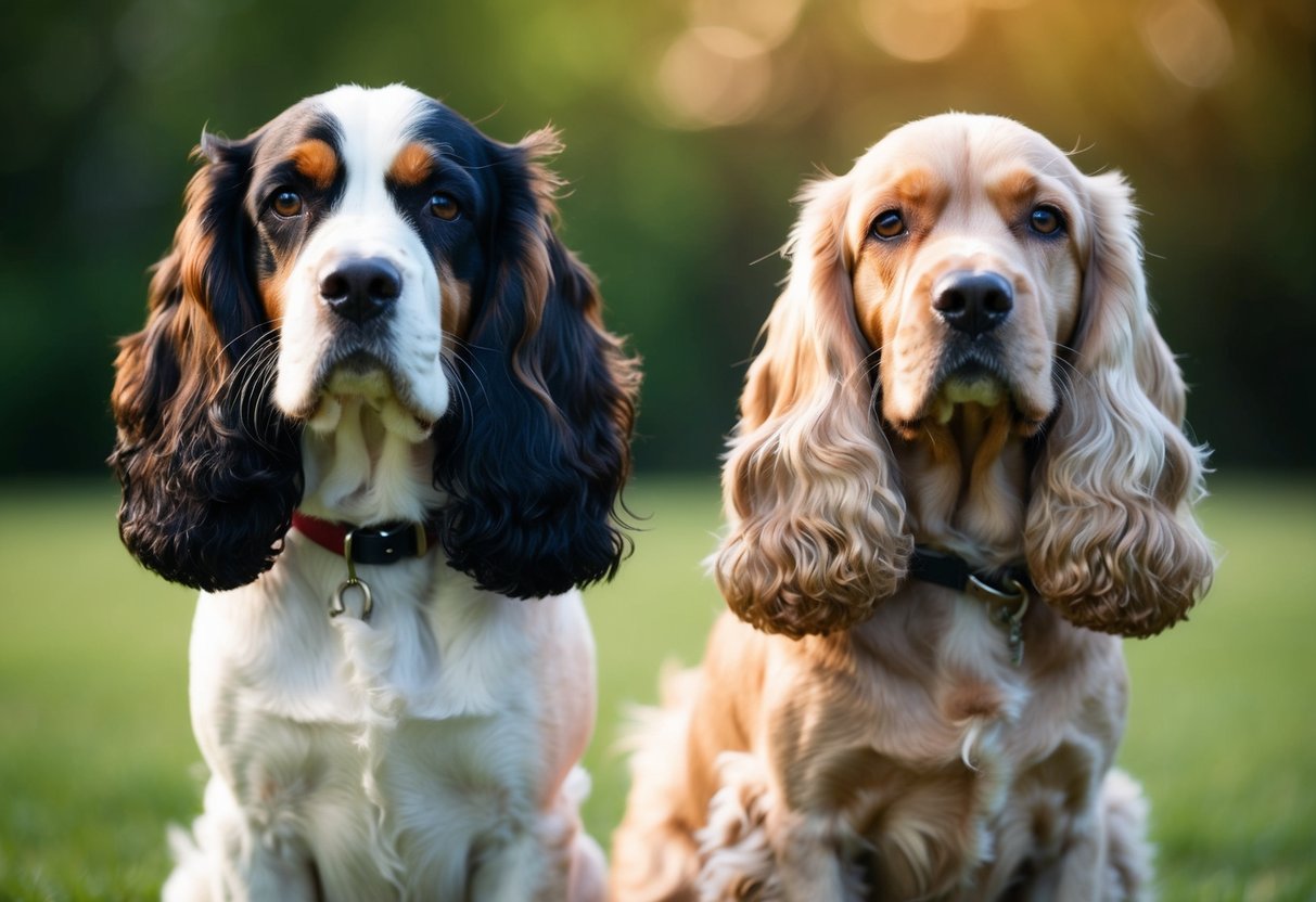Two cocker spaniels, one male and one female, standing side by side with a focus on their physical differences such as size, build, and coat color