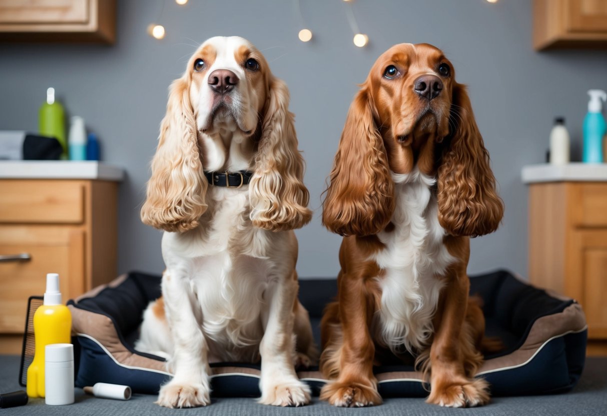 A male and female cocker spaniel sit side by side, both looking up with attentive expressions. They are surrounded by grooming supplies and a cozy dog bed