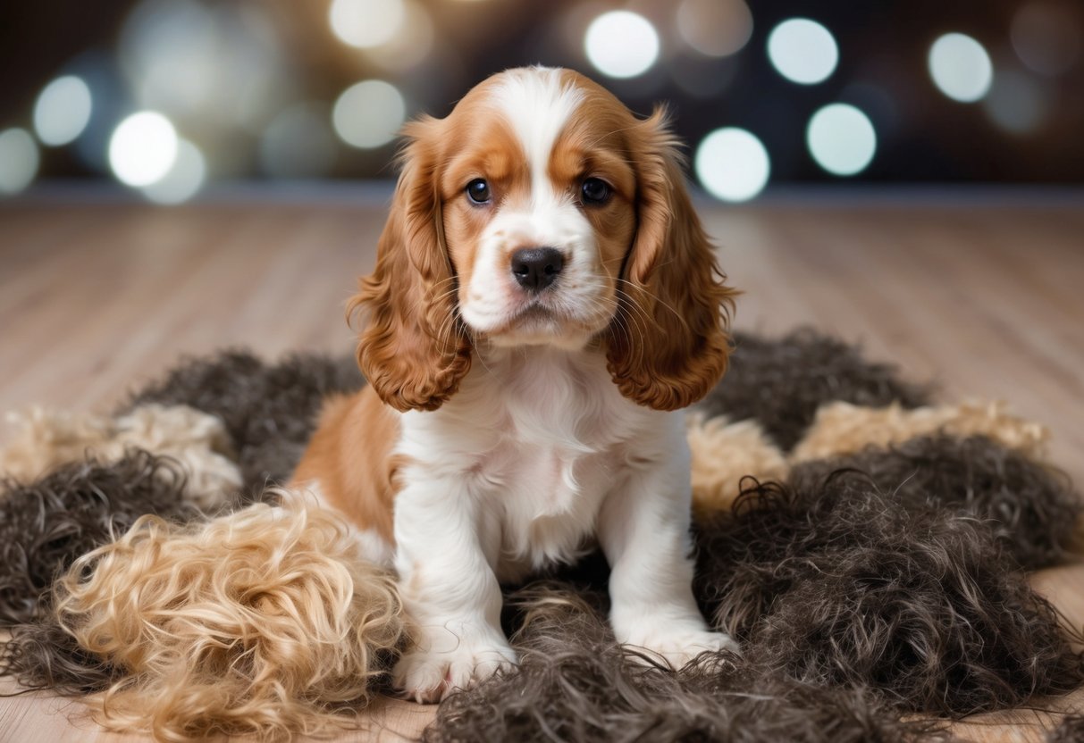 A fluffy cocker spaniel puppy sits surrounded by piles of loose fur, shedding profusely