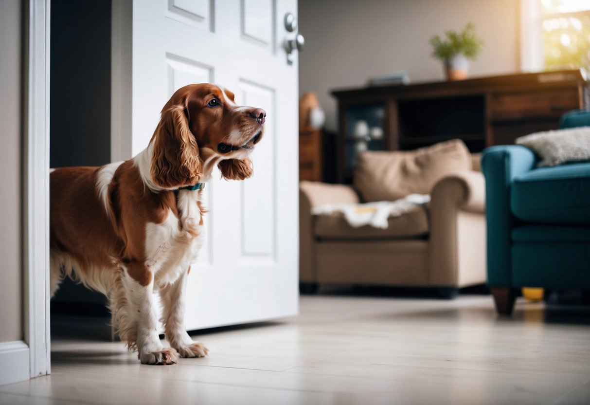 A cocker spaniel whining and pacing by the door as their owner leaves, with torn up furniture in the background