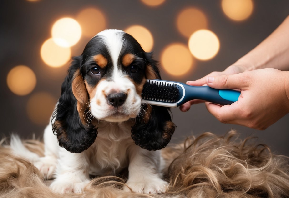 A Cocker Spaniel puppy being groomed with a brush, surrounded by loose fur