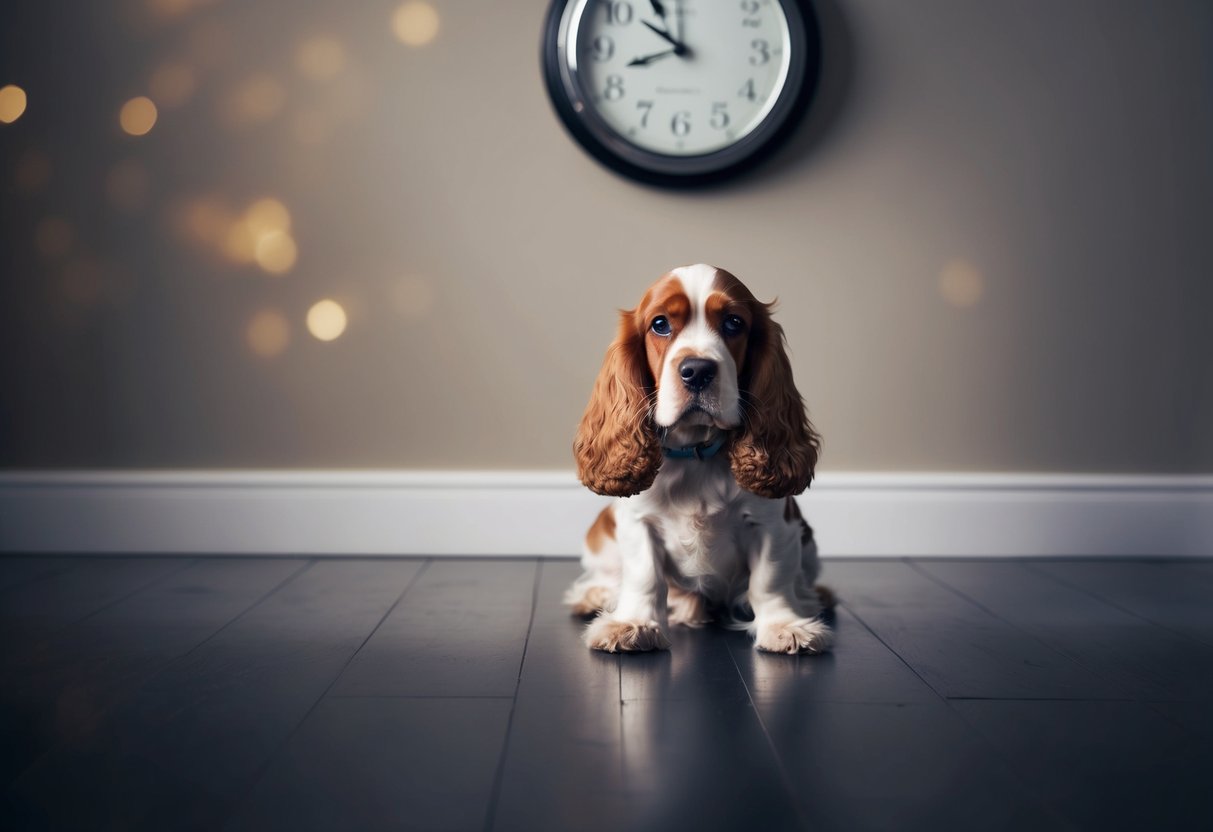 A cocker spaniel sits alone in a dimly lit room, nervously pacing back and forth with a worried expression, while a clock on the wall ticks loudly