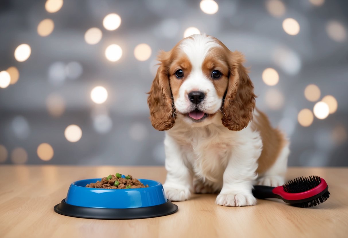 A fluffy cocker spaniel puppy sits beside a bowl of healthy food, with a shedding brush and a happy expression