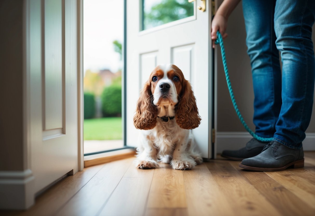 A cocker spaniel anxiously waits by the door, whining, as its owner prepares to leave for the day