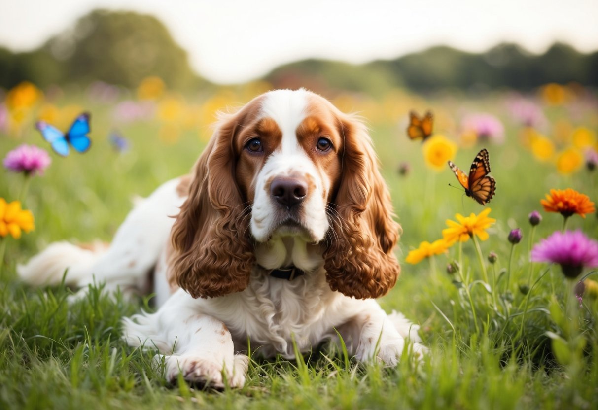 A cocker spaniel lying on a grassy field, looking alert with its ears perked up, surrounded by colorful flowers and butterflies