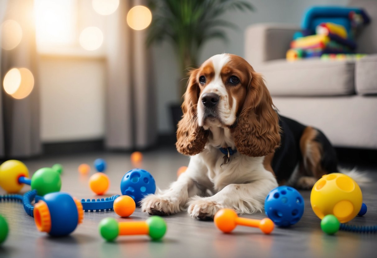 A cocker spaniel sits alone, surrounded by scattered interactive toys and activities, looking anxious and distressed