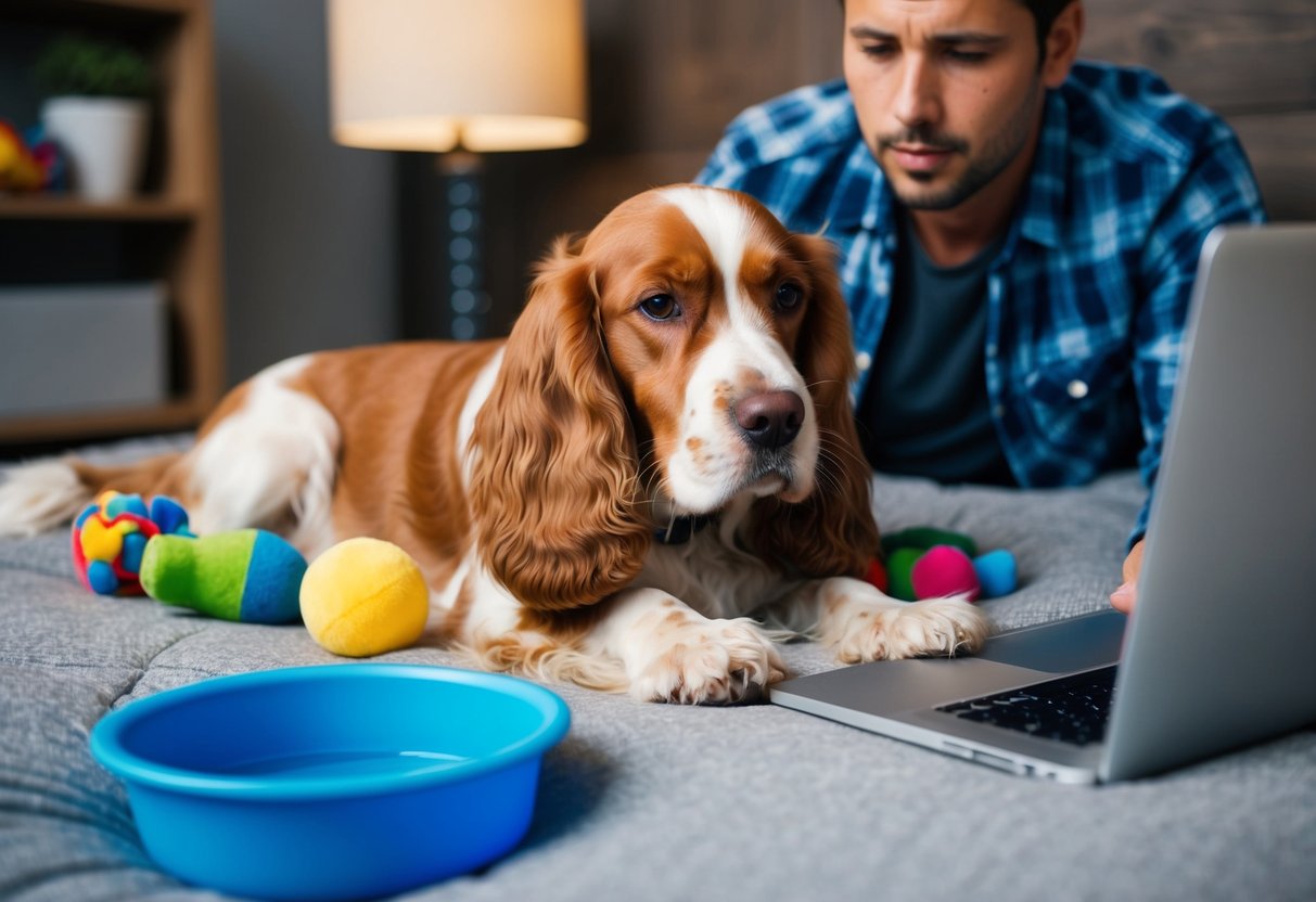 A cocker spaniel lying on a cozy bed, surrounded by toys and a water bowl. A concerned owner looks up information on a laptop