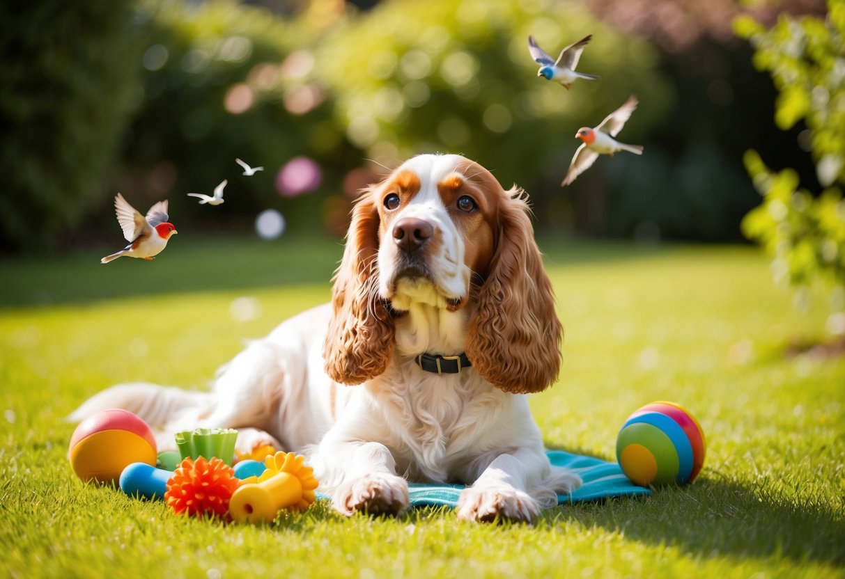 A cocker spaniel lying in a sunlit garden, surrounded by toys and treats, with a gentle breeze and birds chirping in the background