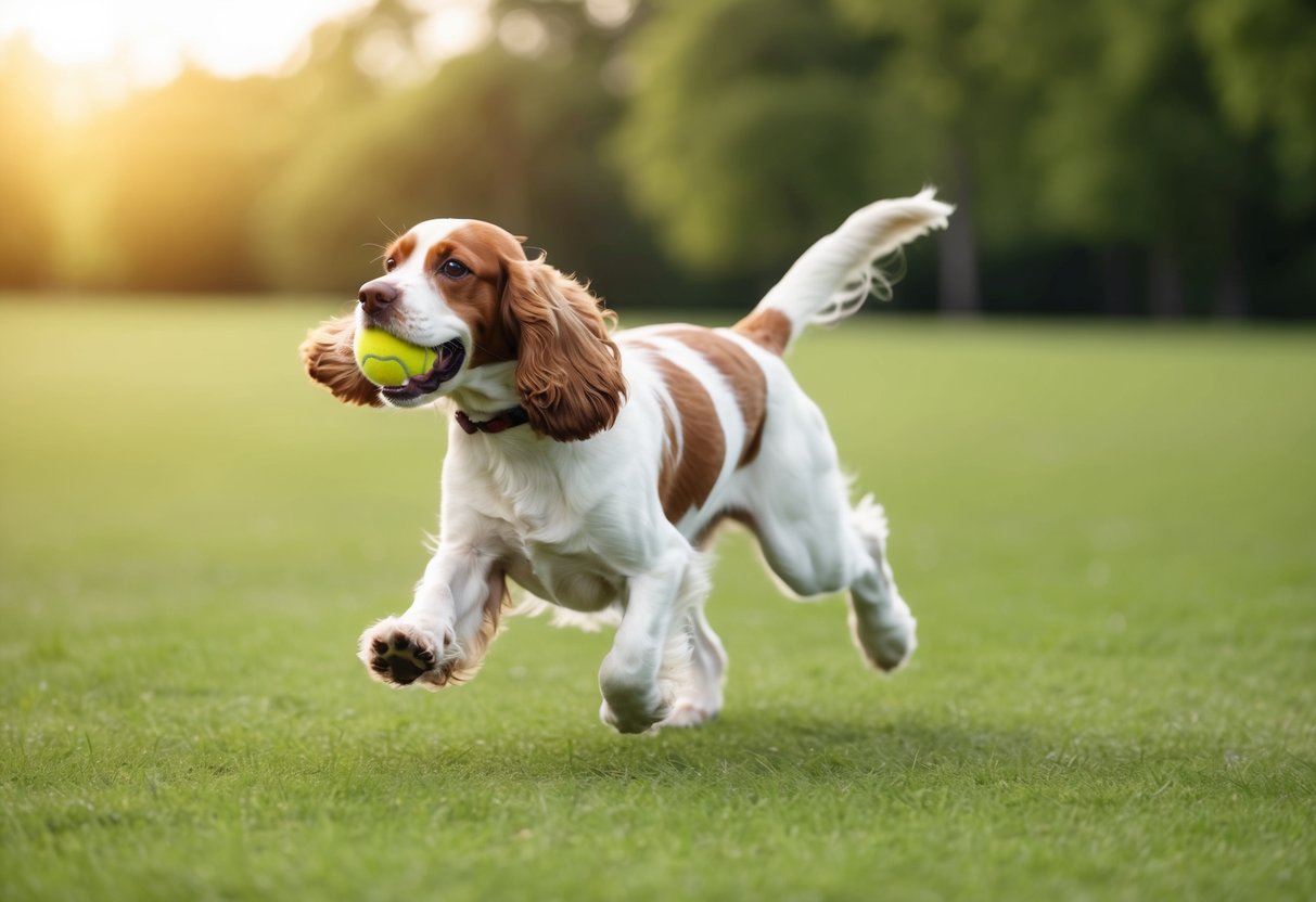 A cocker spaniel running and playing in a spacious, green park with a ball in its mouth