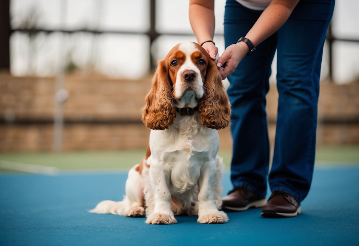 A cocker spaniel sits calmly as a person uses positive reinforcement and gentle touch to redirect its energy