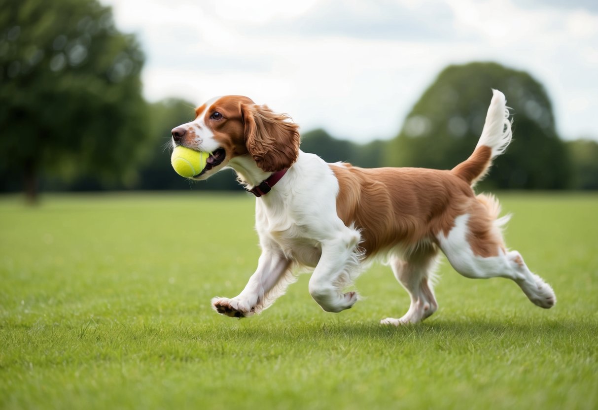 A Cocker Spaniel running and playing in a spacious, grassy park with a ball in its mouth