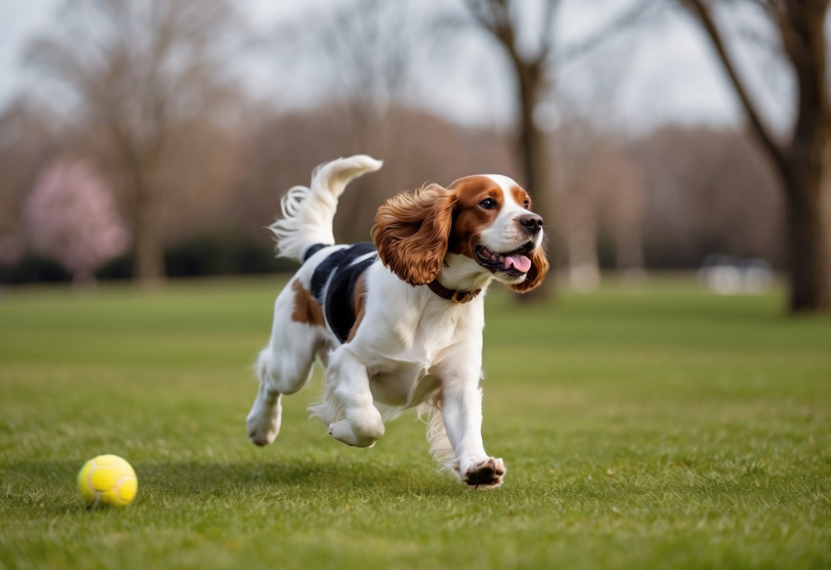 A cocker spaniel running in a park, chasing a ball