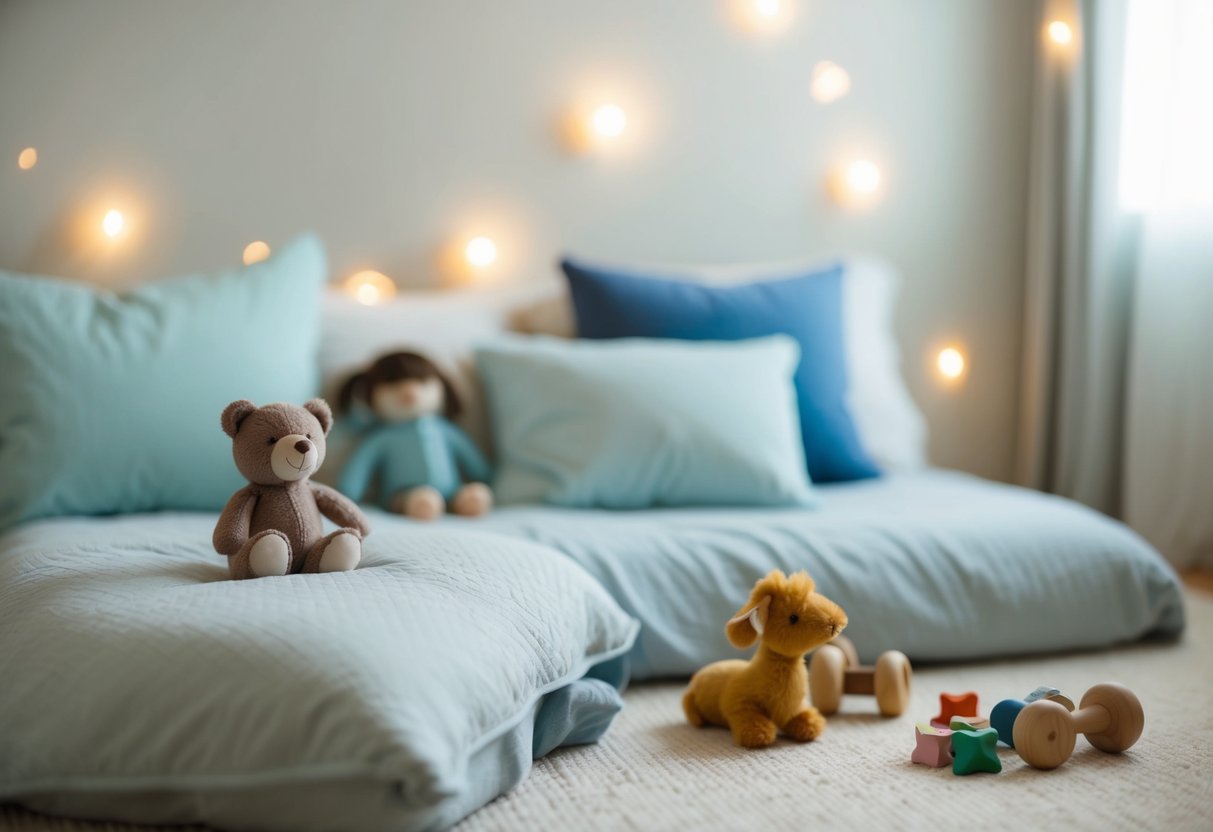 A calm, serene setting with a cozy bed and toys scattered around. A gentle, soothing atmosphere with soft lighting and comforting surroundings