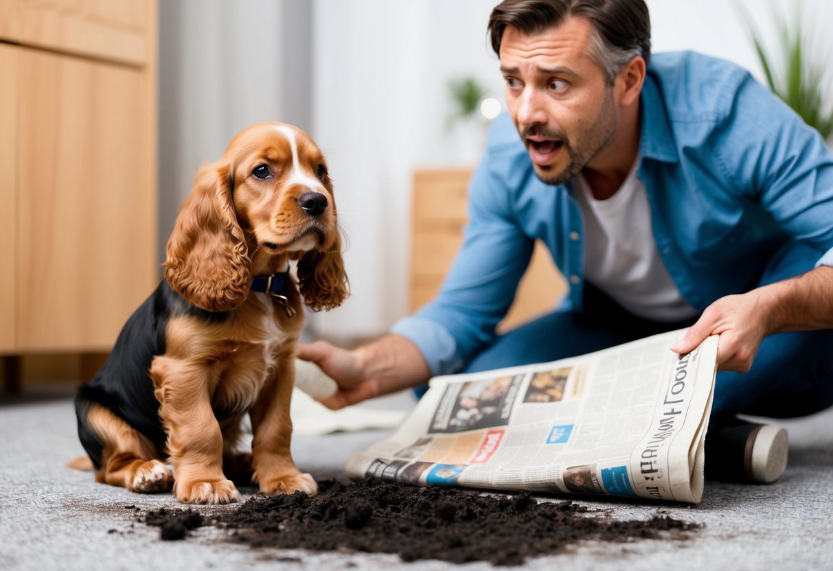 A cocker spaniel puppy has made a mess on the carpet, while a frustrated owner looks on with a newspaper in hand